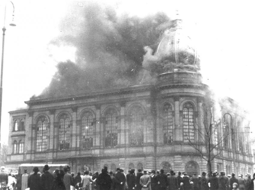 Frankfurt, Germany, a Synagogue on Fire After Kristallnacht